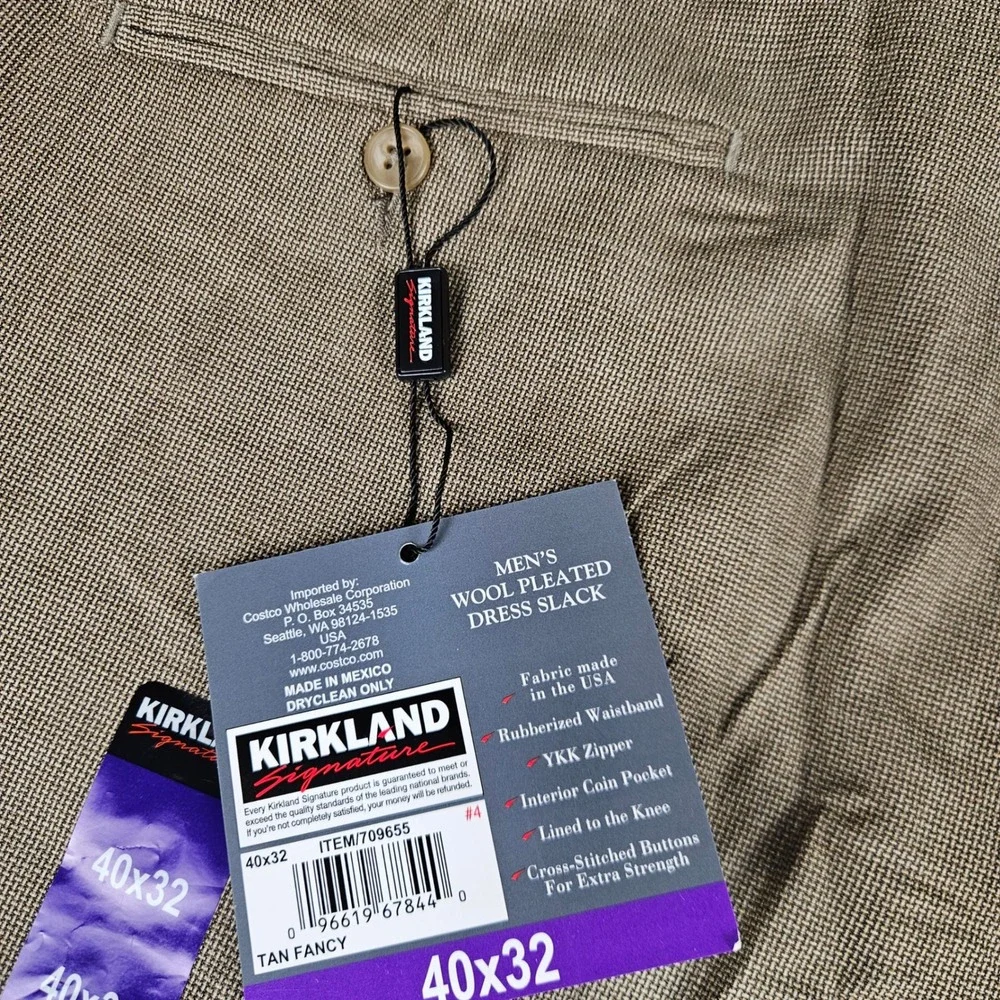 Kirkland Signature Mens 40x32 Wool Pleated Dress Slacks Tan Fancy Cuffed 709655